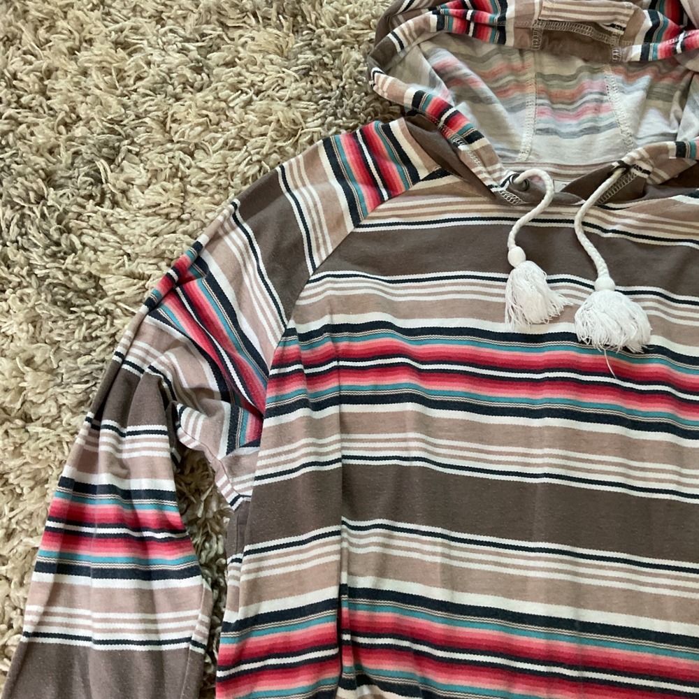 Ariat Womens Serape Stripe Lightweight Hoodie Tassel Drawstring Top Brown Pink L - Picture 5 of 14